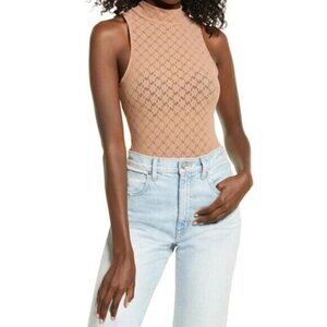 𝅺open Edit  Bnwt Womens Tan Lace Sheer Mockneck Bodysuit Sz Small Sleeveless